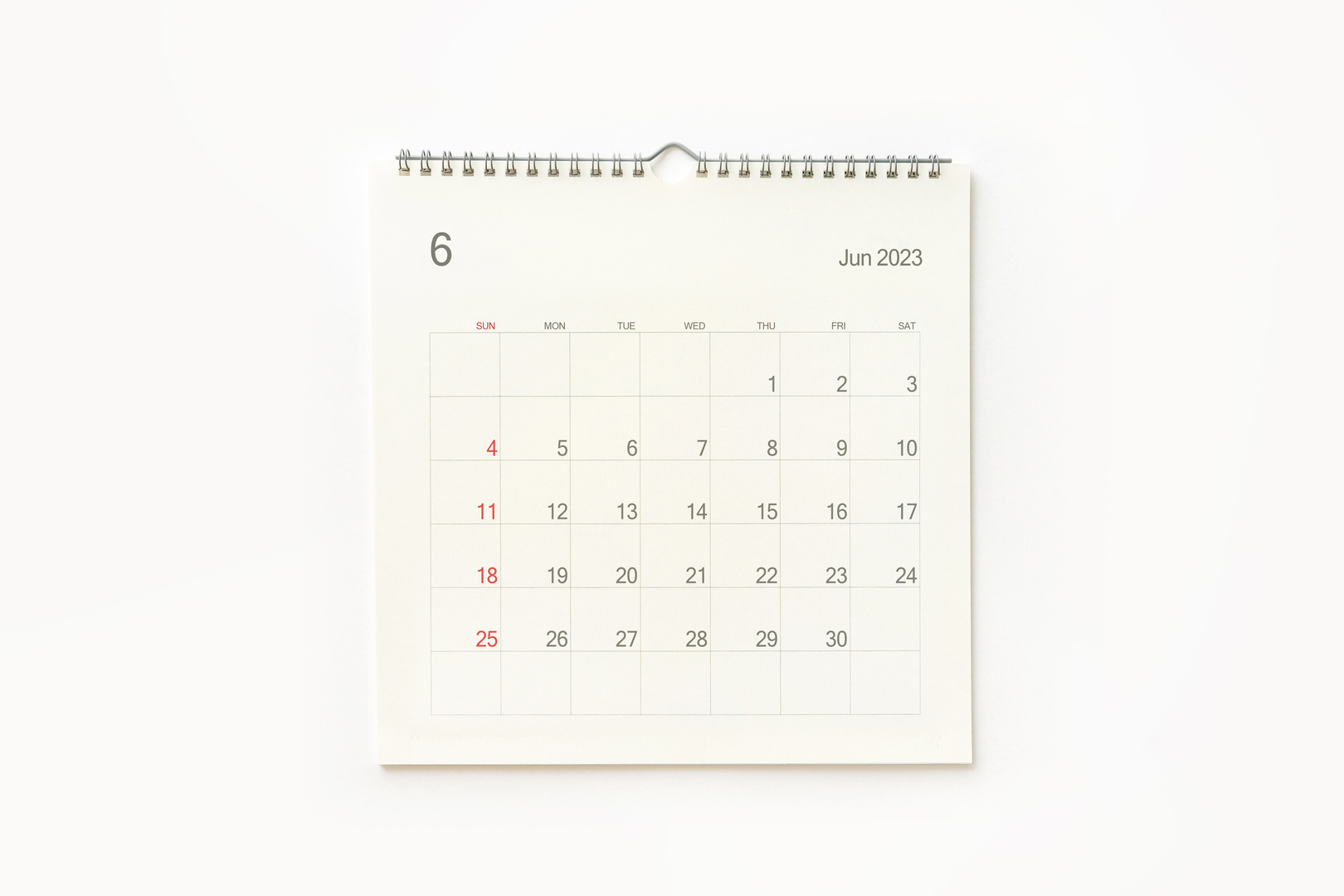 June 2023 calendar page on white. Calendar background for remind