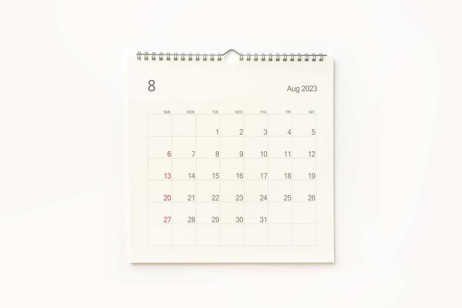 August 2023 calendar page on white. Calendar background for remi