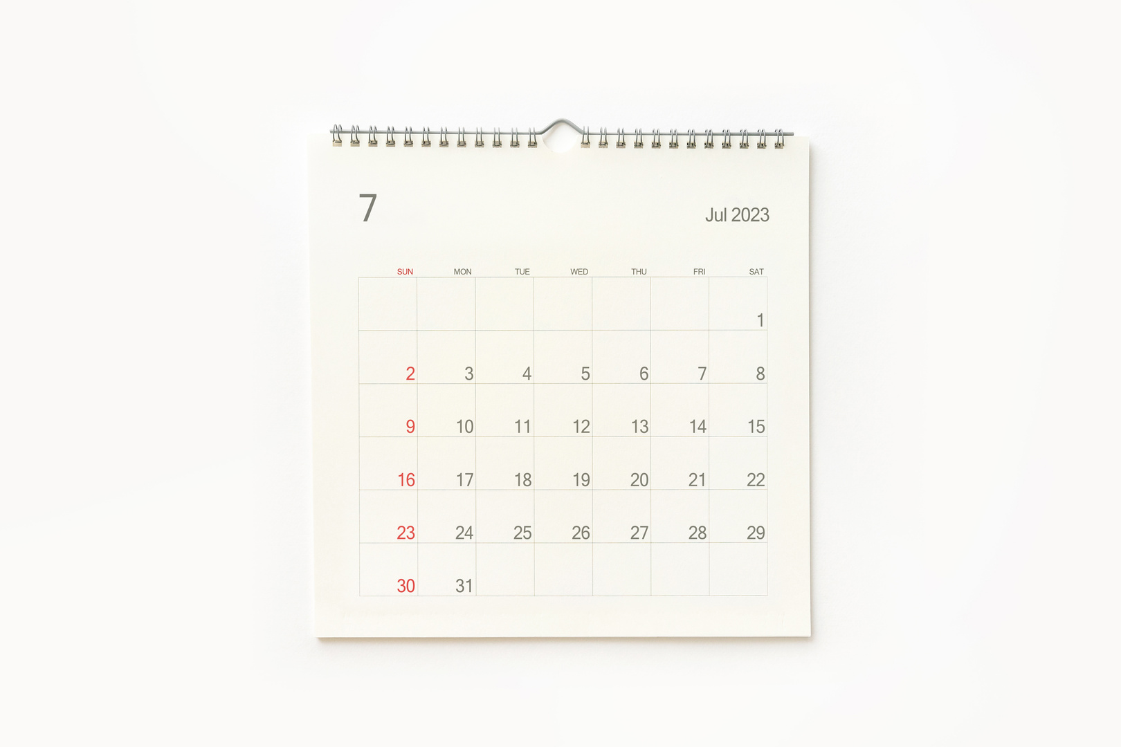 July 2023 calendar page on white. Calendar background for remind